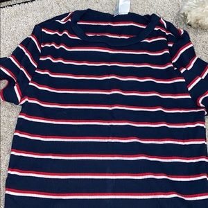 H and m blue red and white top